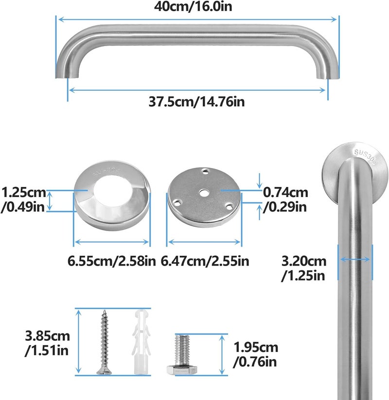 Rackickyer Shower Grab Bar, 2 Pack 16 Inch Brushed Nickel Bathroom Safety Bar, 1.25" Diameter 304 Stainless Steel Grab Bars for Bathtubs and Showers, Handicap Shower Grab Bar for Seniors Elderly - Image 2